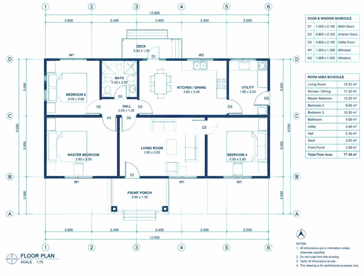 The same plan as a precise CAD drawing with dimensions