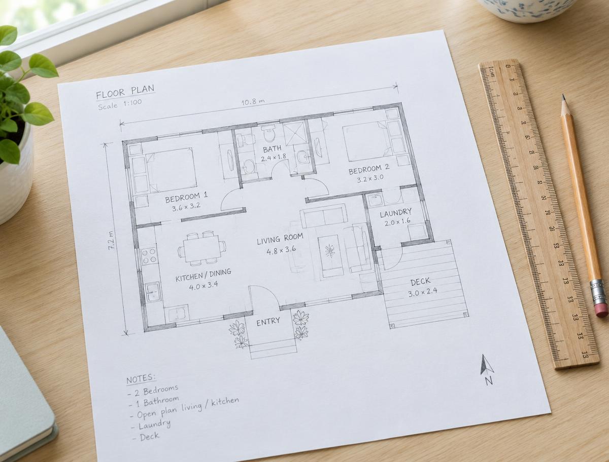 Hand-drawn floor plan sketch on paper